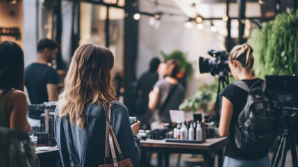 Film crew shooting in a bustling cafe setting