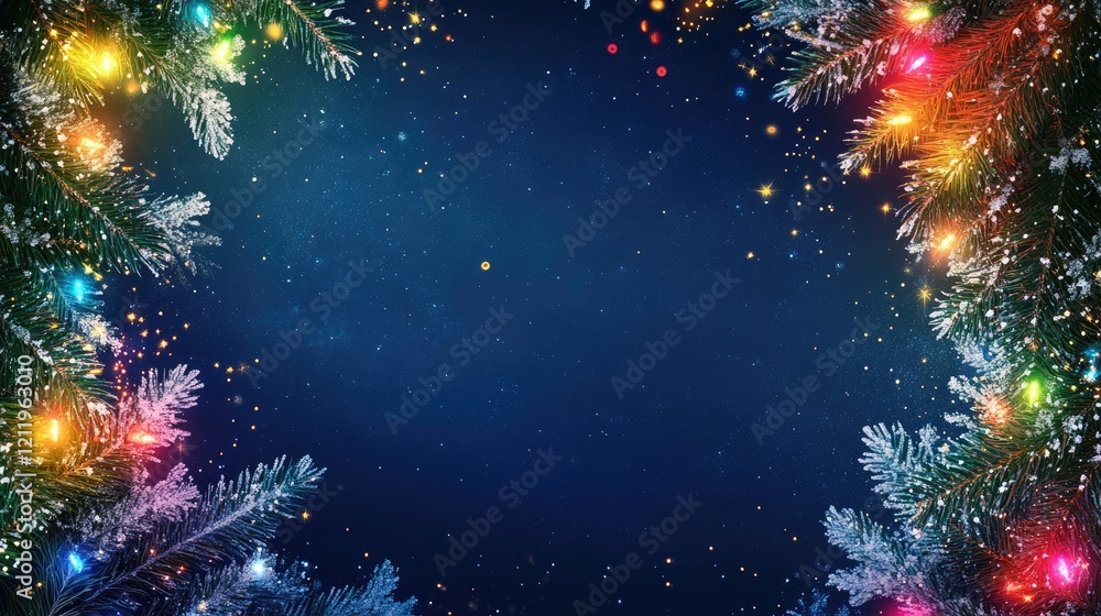 Aufkleber colorful festive border with snowy tree branches and sparkling lights on a dark blue background for 