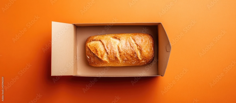 Poster top view of a fresh artisanal loaf of bread in a brown box on a vibrant orange background with empty