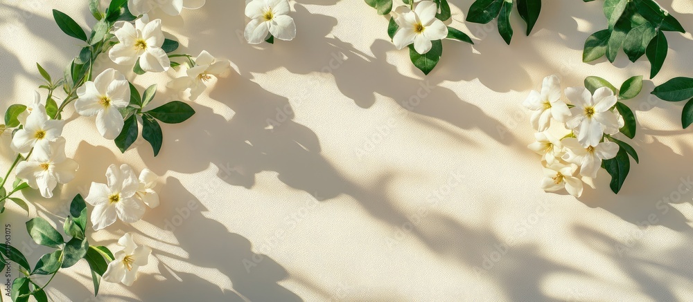 Poster Elegant white jasmine flowers arranged in a top view on a soft beige background with gentle shadows creating a serene blank space for text.