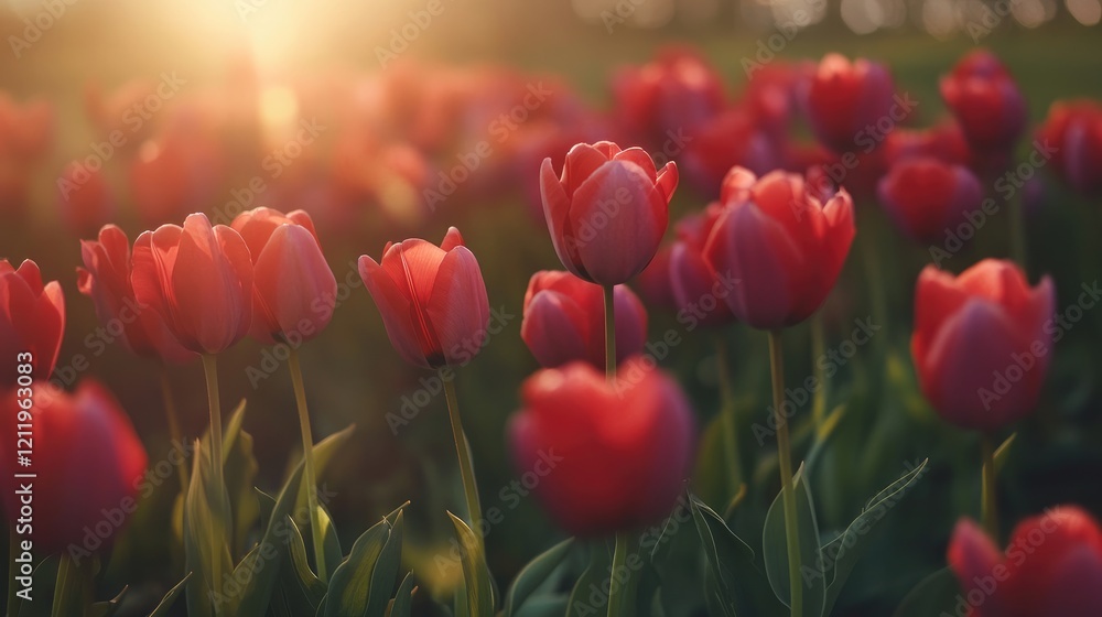 Aufkleber vibrant tulip field basking in warm sunlight with a dreamy blurred background creating a picturesque