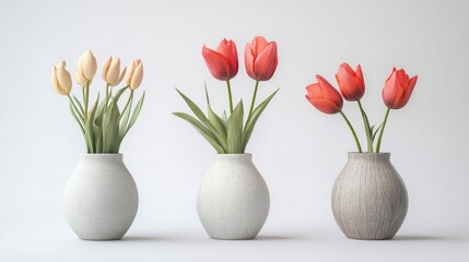 Elegant tulip arrangements in modern vases showcasing soft colors against a minimalist white background for a fresh interior decor aesthetic
