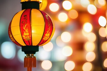 Obraz premium A traditional lantern hanging from a string, with a warm glow