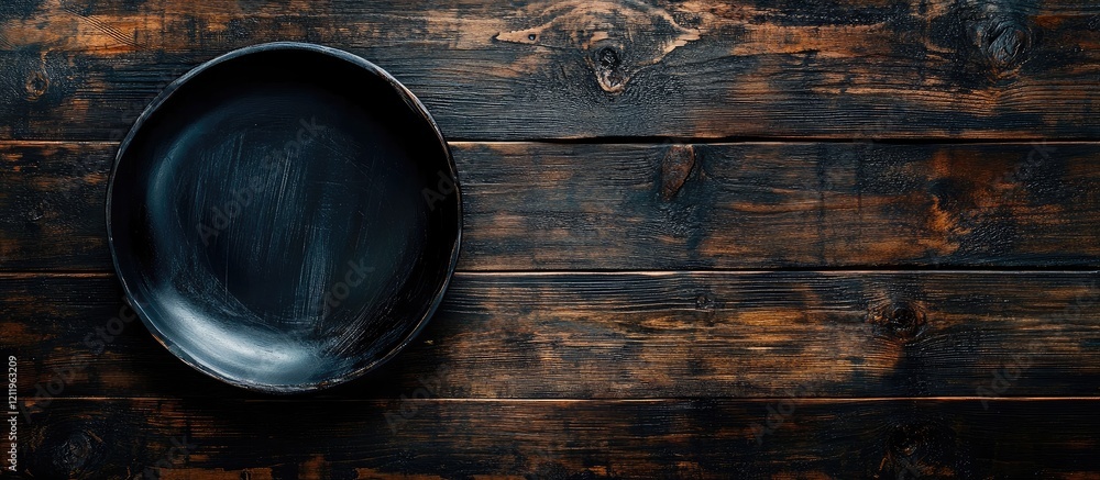 Aufkleber aerial view of a dark ceramic plate on a rustic wooden table with ample blank space for culinary tex