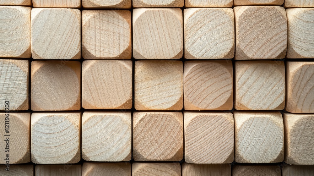 Fototapete Stack of Light-Colored Wooden Cubes with Round Faces in a Symmetrical Arrangement Viewed from Above, Natural Textures and Patterns, Soft Lighting