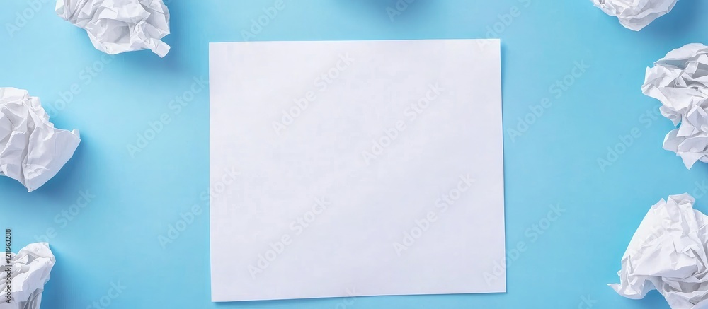 Poster crumpled white paper sheet on light blue desk surrounded by white paper balls with empty space for t