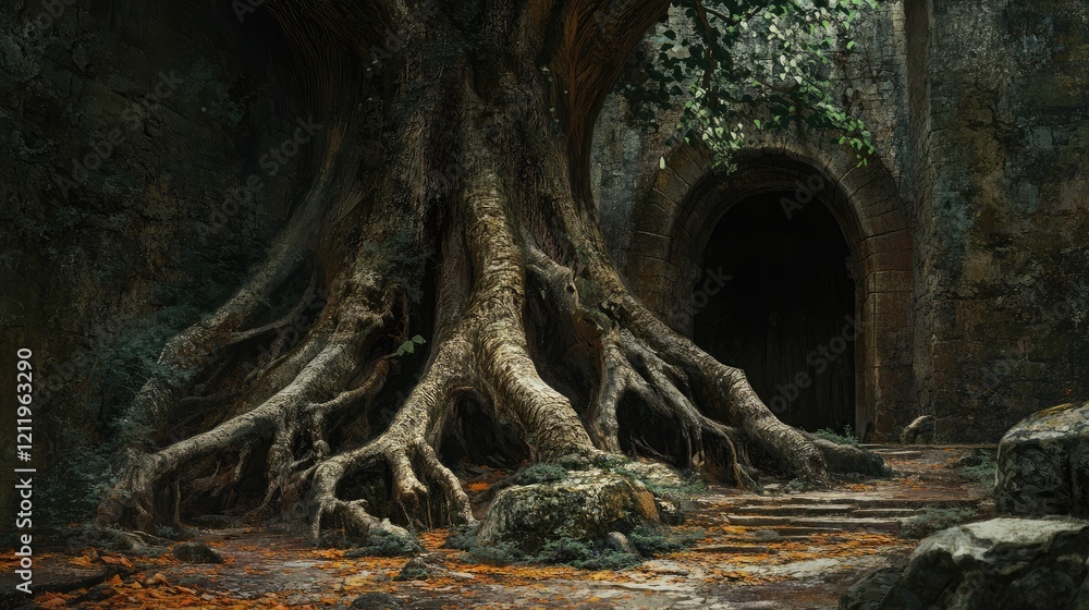 Leinwandbilder majestic fig tree trunk with expansive roots and buttresses in a serene, ancient setting surrounded 