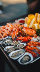 A Seafood platter featuring shrimp, oysters, crawfish and lemons arranged on a tray