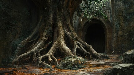Fototapeta premium Majestic fig tree trunk with expansive roots and buttresses in a serene, ancient setting surrounded by lush foliage and stone architecture