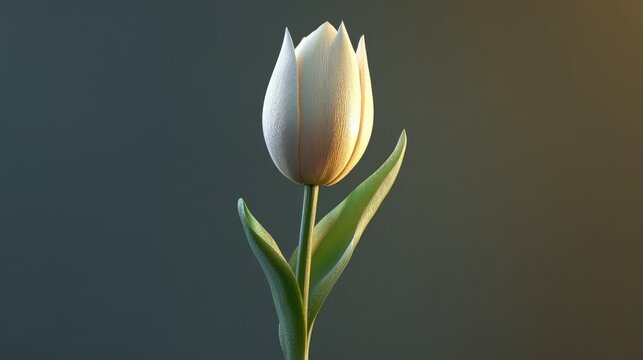 Elegant white tulip bud showcasing delicate petals against a softly lit background suitable for floral design and botanical themes.