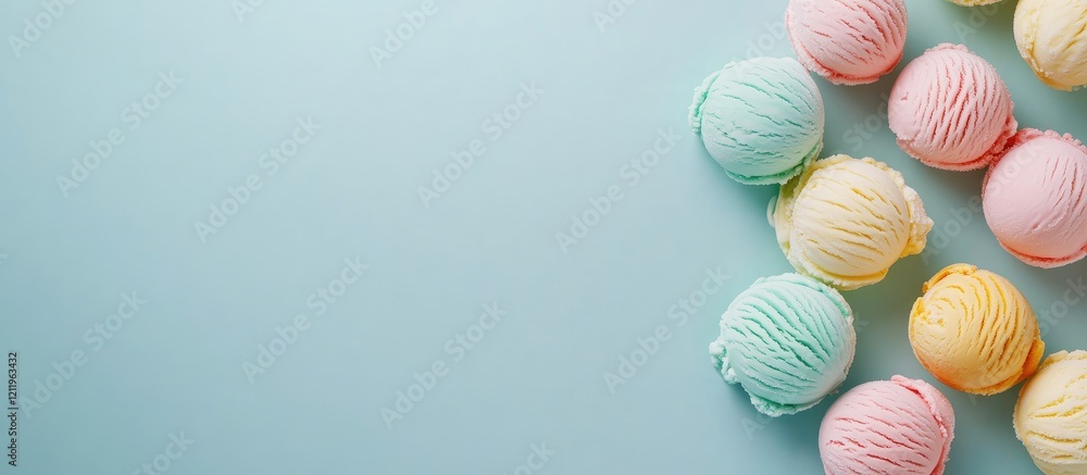 Poster Assorted pastel-colored ice cream scoops arranged on a soft blue background with ample space for text or branding in a minimalistic layout
