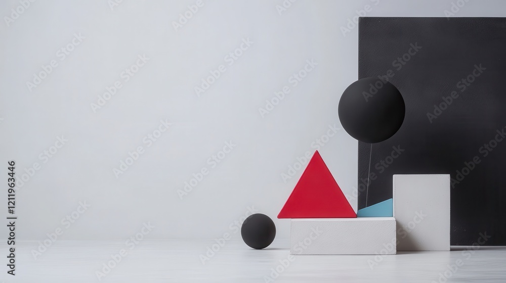 Poster dynamic three-dimensional arrangement of geometric shapes in minimalist space