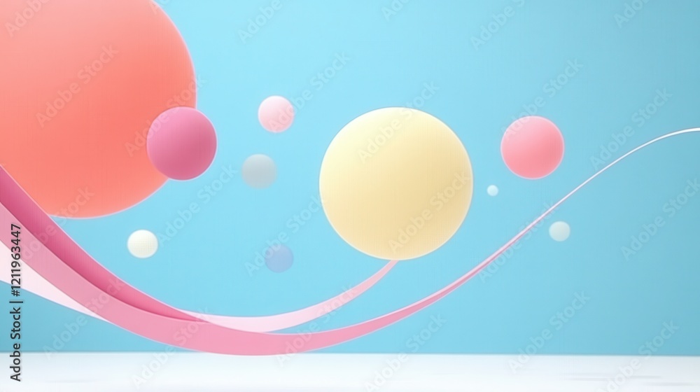 Poster colorful three-dimensional orbs floating on a playful background with waves and soft textures