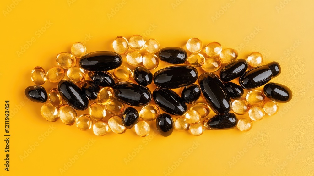 Poster Capsules in various shapes and sizes arranged on a vibrant yellow background highlighting transparency and texture in warm tones.