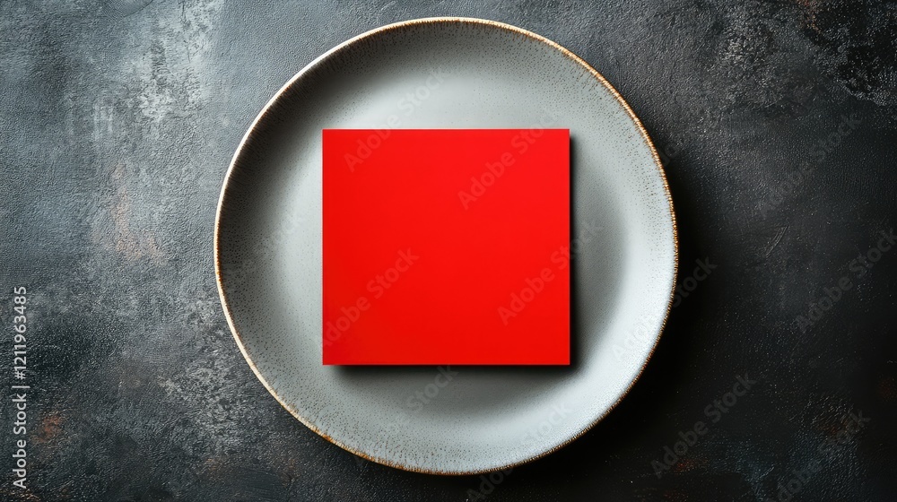 Poster Top View of a Bright Red Square Banner on a Gray Plate Over a Dark Textured Surface for Creative Design Concepts