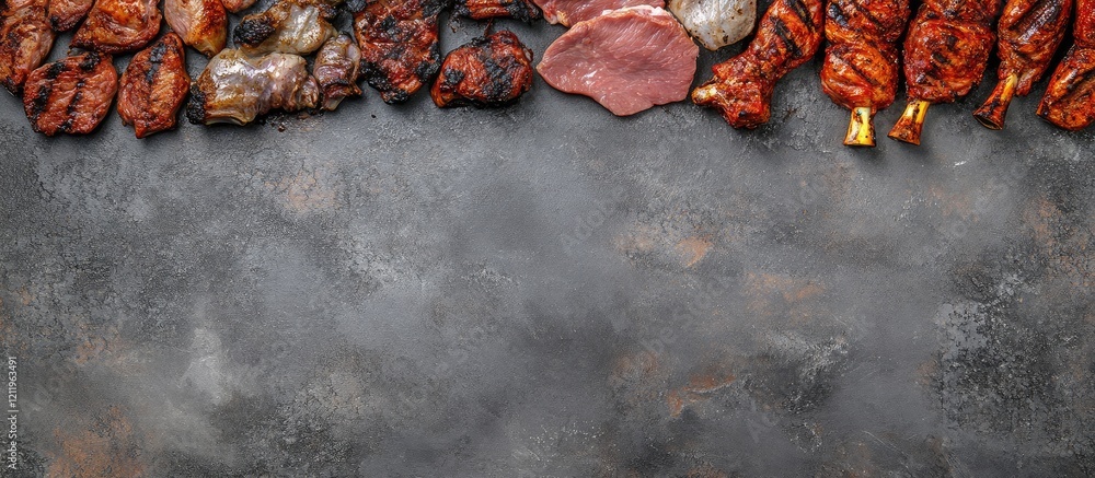 Aufkleber Assorted grilled meats and poultry displayed on a textured gray stone surface with ample empty space for text, capturing rich brown and gold colors.
