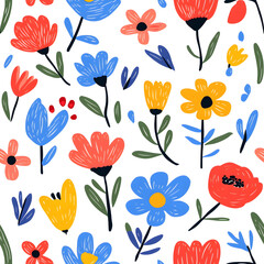 Folk art inspired seamless pattern with flowers, geometric organic shapes, on white background 