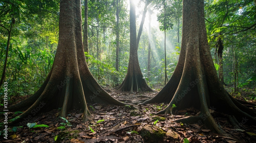Poster Majestic tropical rainforest showcasing large tree trunks with sunlight filtering through dense foliage creating a serene and vibrant atmosphere