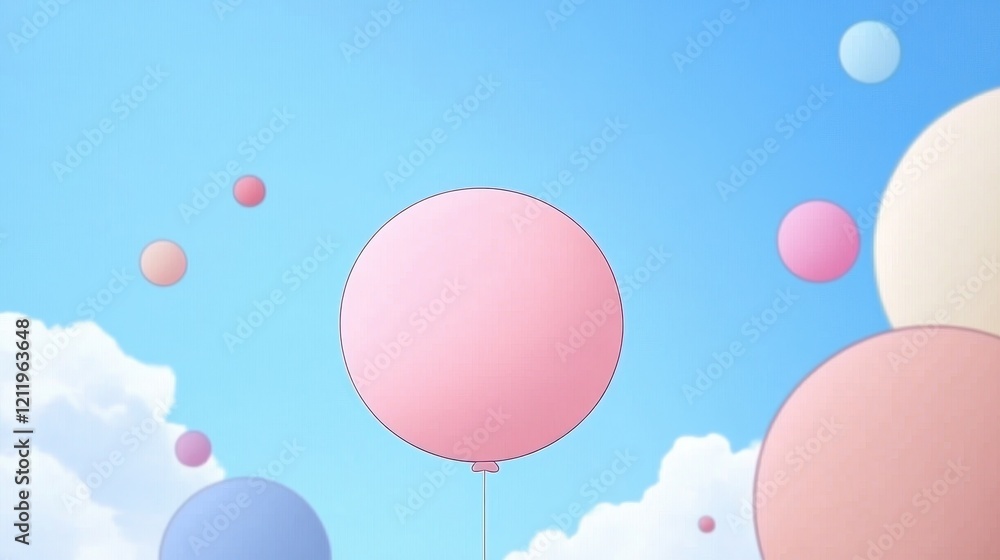 Poster Colorful Three-Dimensional Orbs Floating in a Playful Sky with Soft Clouds and Blue Background