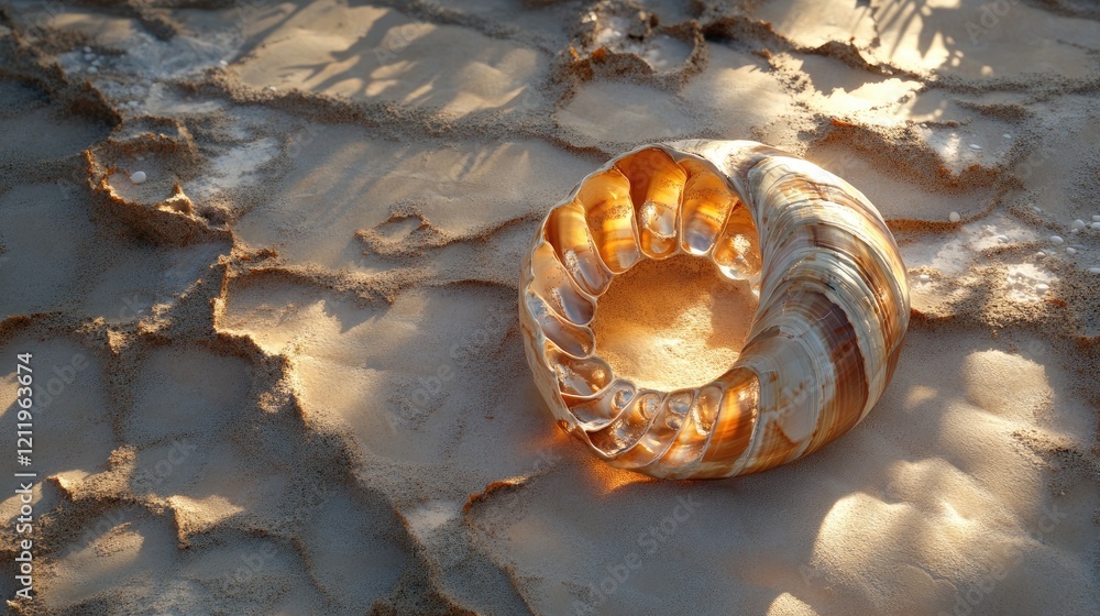 Poster tropical shell resting on beach sand illuminated by sunlight creating a serene coastal atmosphere