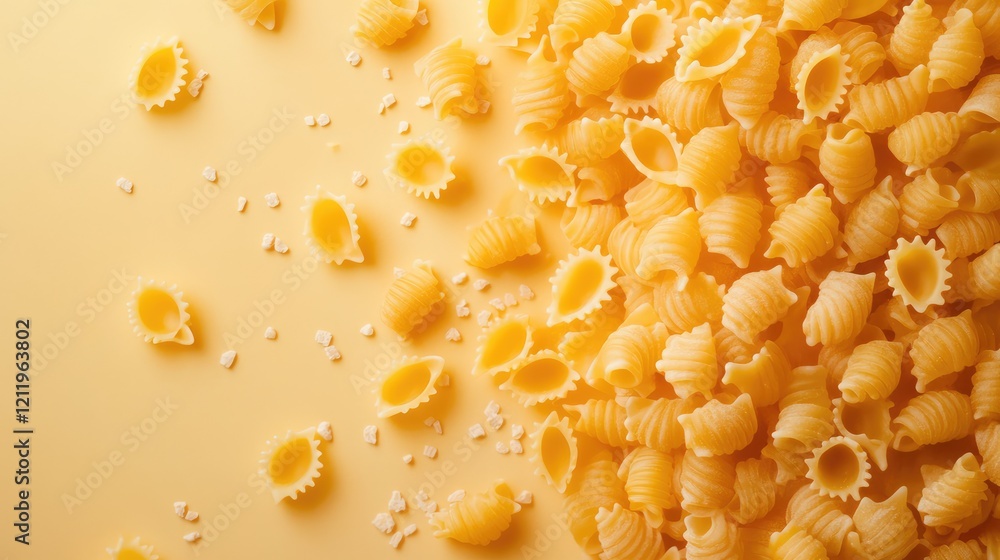 Poster close-up of golden pasta shells on soft yellow background with space for culinary text or recipe ide