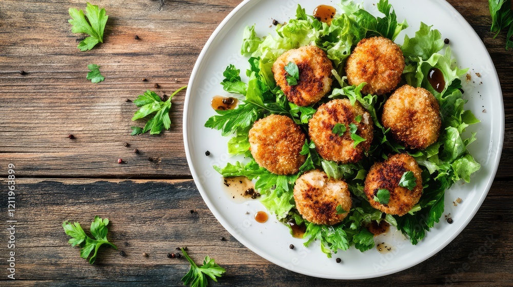 Aufkleber crispy golden chicken nuggets arranged on fresh green lettuce with parsley on a round white plate ag
