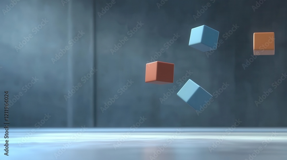 Poster dynamic three-dimensional colorful cubes floating in a minimalistic space with soft lighting