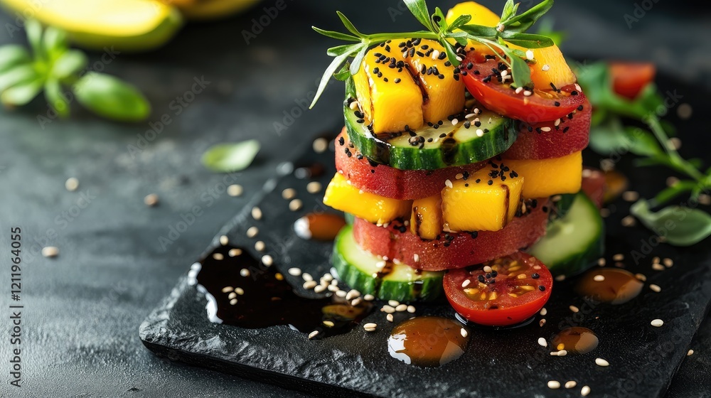 Poster tuna sushi stacks with mango cucumber tomato salsa garnished with balsamic vinegar and sesame seeds 