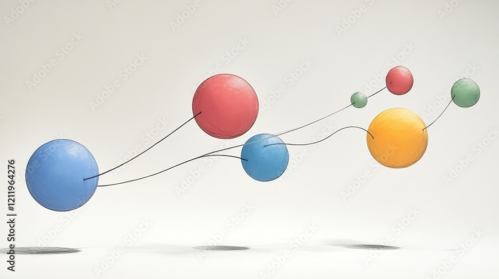 Poster vibrant colorful three-dimensional spheres interconnected with strings on a minimalistic background