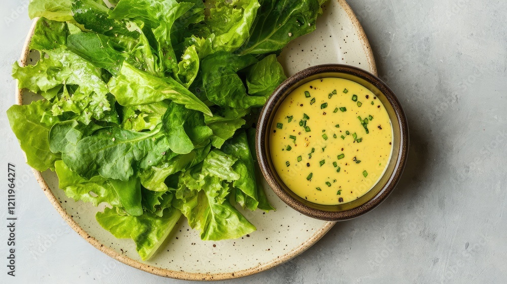 Aufkleber fresh green lettuce leaves with creamy dressing in a rustic plate against a soft gray background, to