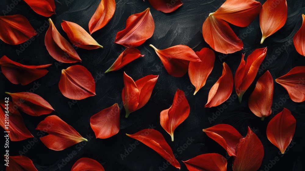 Poster vibrant red tulip petals scattered on a dark surface creating an elegant floral background for desig