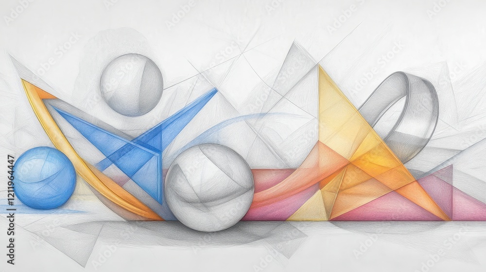 Poster playful and vibrant abstract composition featuring geometric shapes and dynamic lines in bright colo