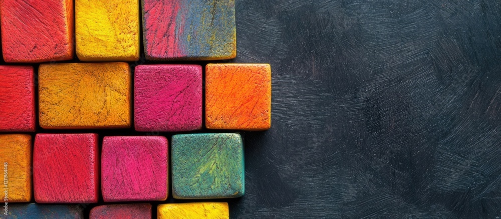 Poster colorful fruit blocks in red yellow green and pink arranged on dark textured wall with empty space f