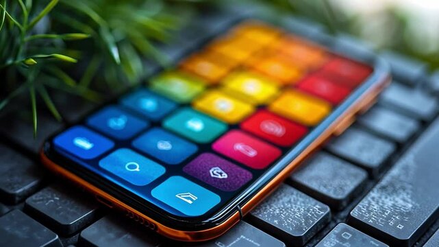 Smartphone App Grid: A close-up shot of a smartphone with a vibrant app grid on the screen, resting on a black keyboard.