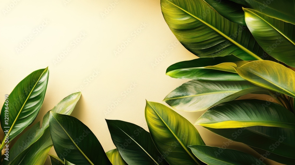 Poster lush tropical leaves creating a natural textured background with soft neutral tones for design and c