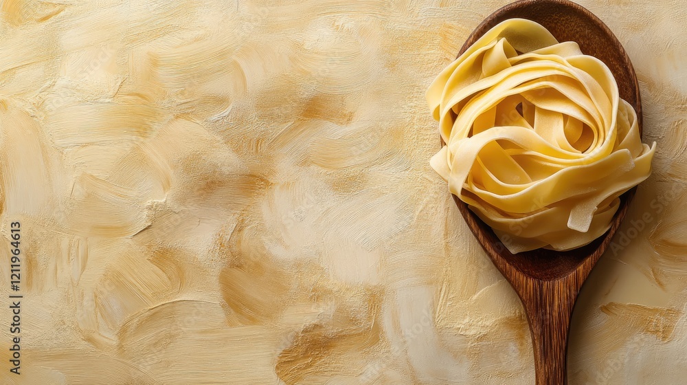 Poster trotolle pasta on a wooden spoon with abstract background and ample copy space for culinary or recip