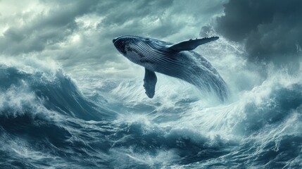 Fototapeta premium Majestic Humpback Whale Breaching in Stormy Ocean Waves