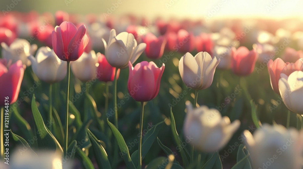 Poster vibrant tulip field at sunset showcasing an array of pink and white flowers with soft sunlight illum