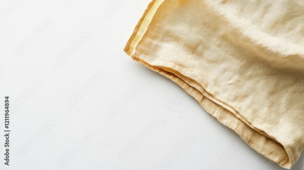 Poster Elegant beige linen napkin draped on a clean white background with ample negative space for customized text or branding, perfect for dining themes.