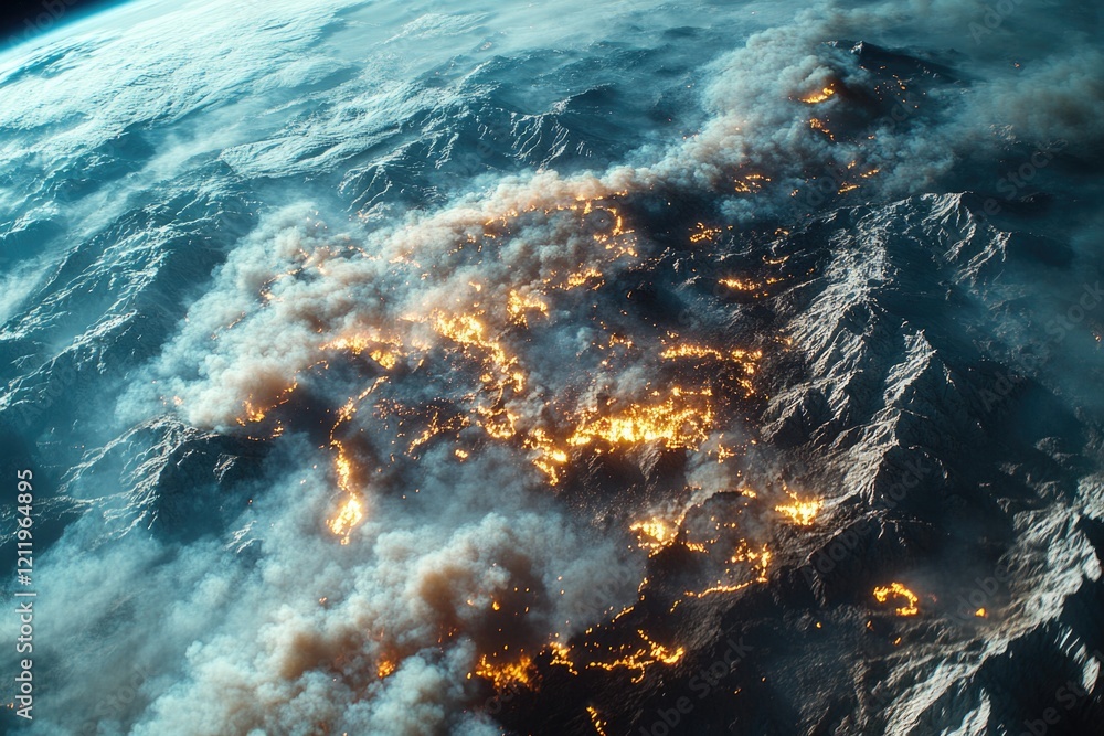 Poster view of the earth from space showing city lights and darkness at night, suitable for use in astronom