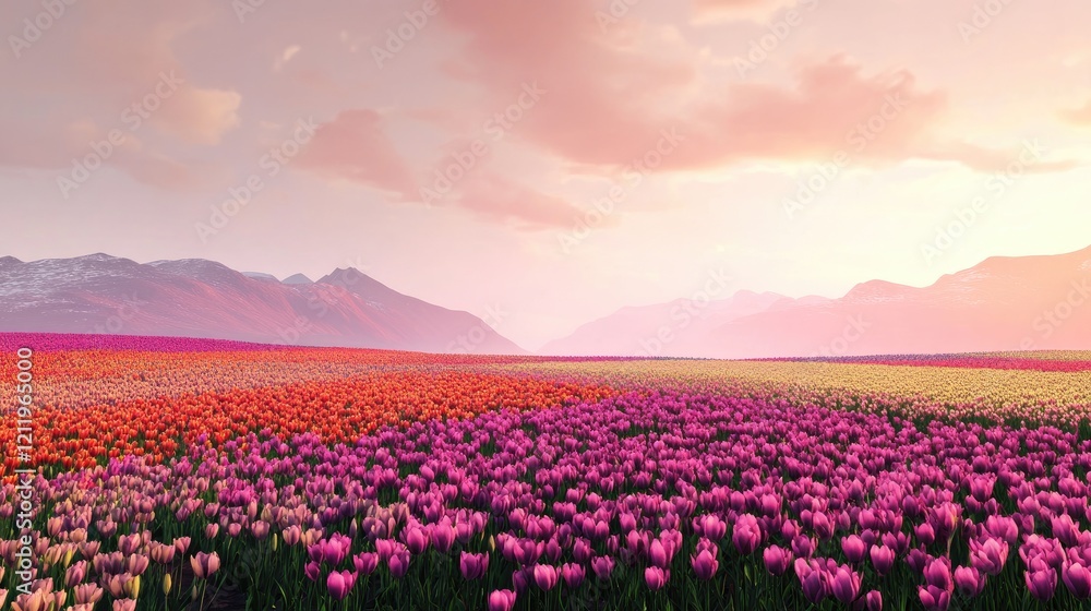 Poster vibrant tulip fields under a pastel sky with mountains in the background showcasing nature's colorfu