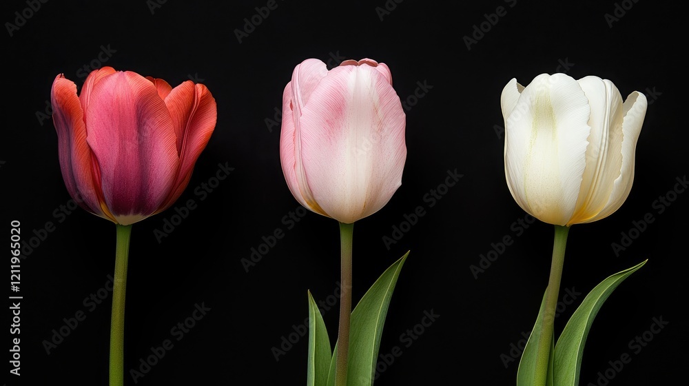 Poster three elegant tulips in red pink and white isolated on a black background showcasing their vibrant c