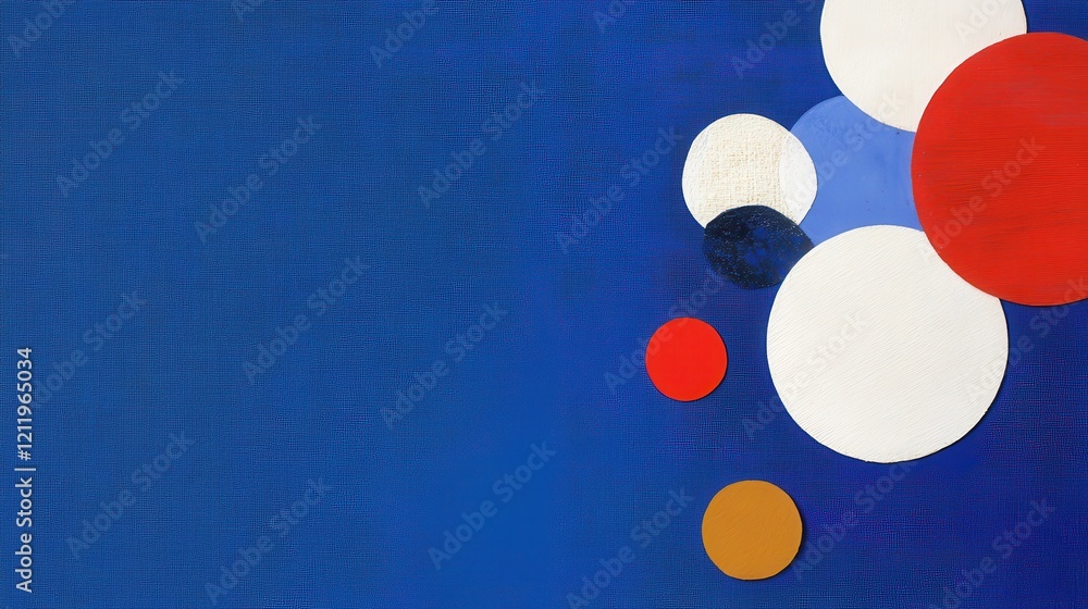 Poster colorful three-dimensional shapes on a blue background with circular elements and textured design