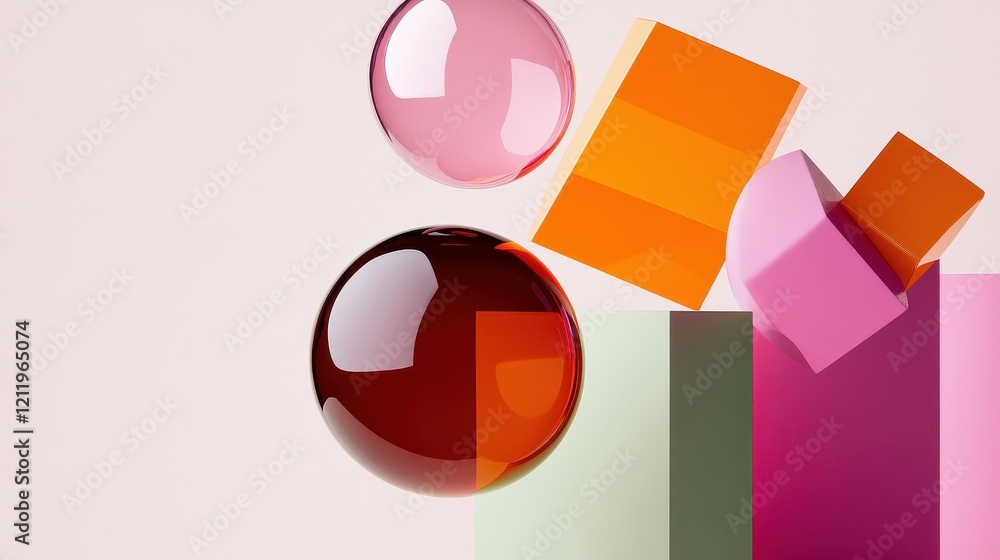 Poster Vibrant and Playful Three-Dimensional Composition with Colorful Shapes and Transparent Objects