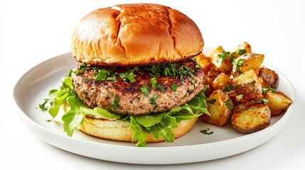 Turkey burger with lettuce and roasted potatoes served on a white plate showcasing a delicious meal option for health-conscious diners