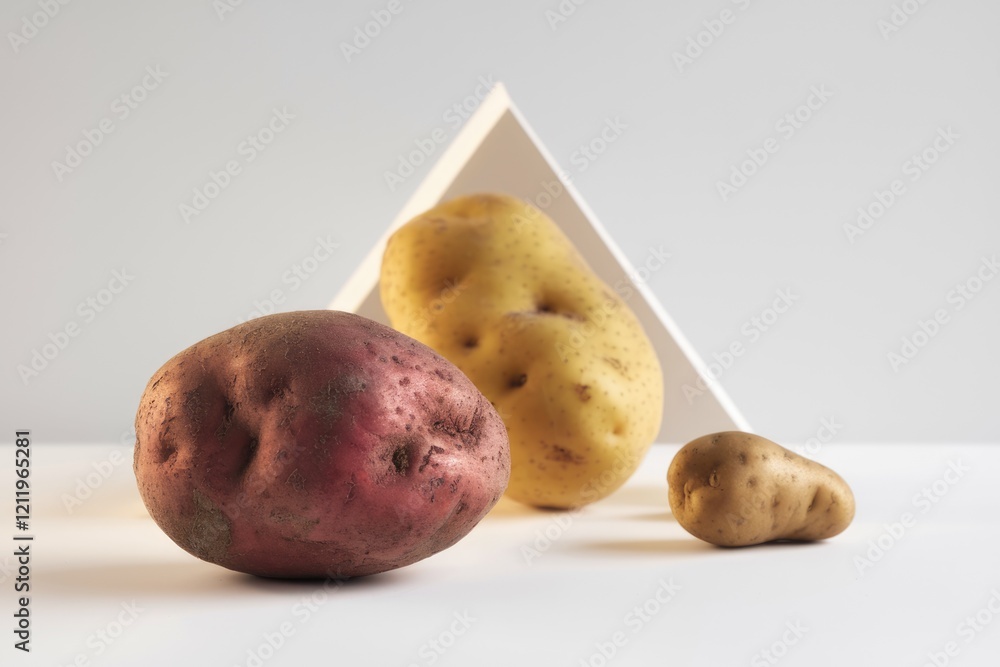 Aufkleber Three potatoes of varying sizes and colors arranged against a white triangular backdrop.