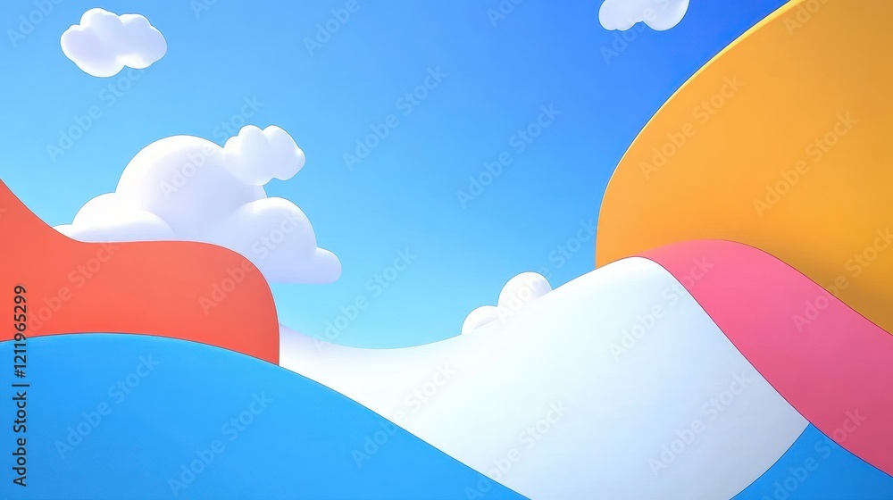 Poster vibrant three-dimensional design with dynamic colors and shapes against a clear sky background