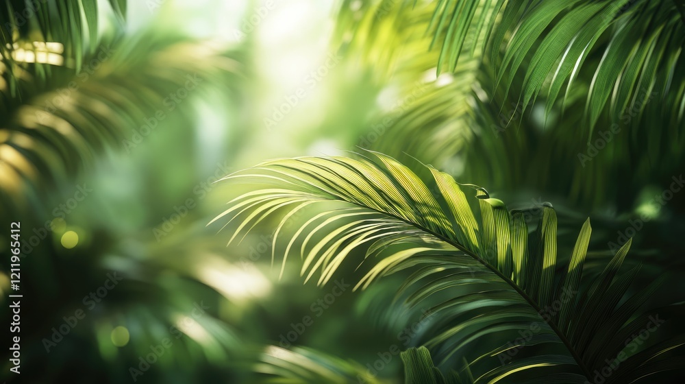 Poster lush tropical palm trees with vibrant green foliage in a serene natural background showcasing shallo
