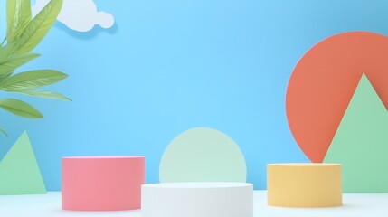 Vibrant Three-Dimensional Geometric Shapes Against a Bright Colorful Background with Natural Elements