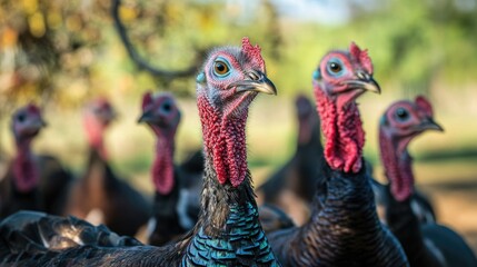Turkeys foraging together in a ranch outdoor setting with natural greenery in the background showcasing rural farm life and wildlife interaction